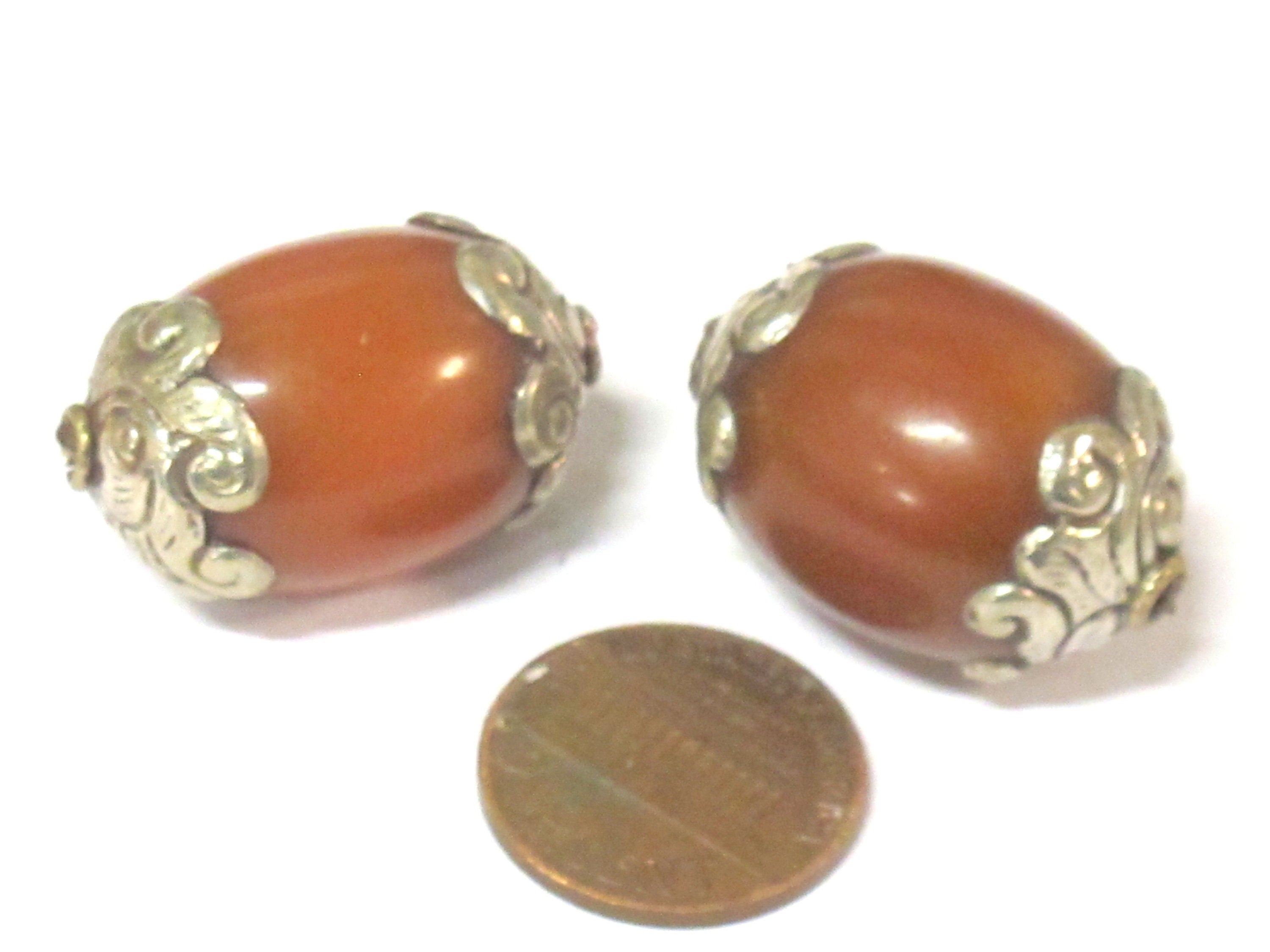 2 Beads - Large Thick Tibetan copal resin silver color capped bead - BD527Cx