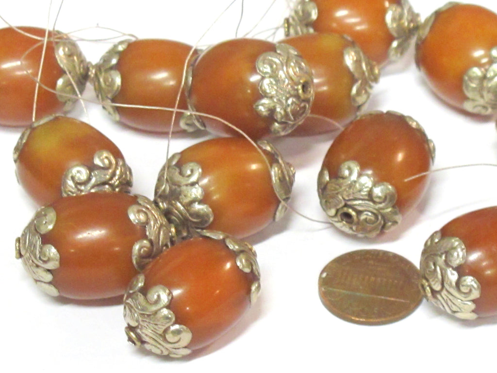 2 Beads - Large Thick Tibetan copal resin silver color capped bead - BD527Cx