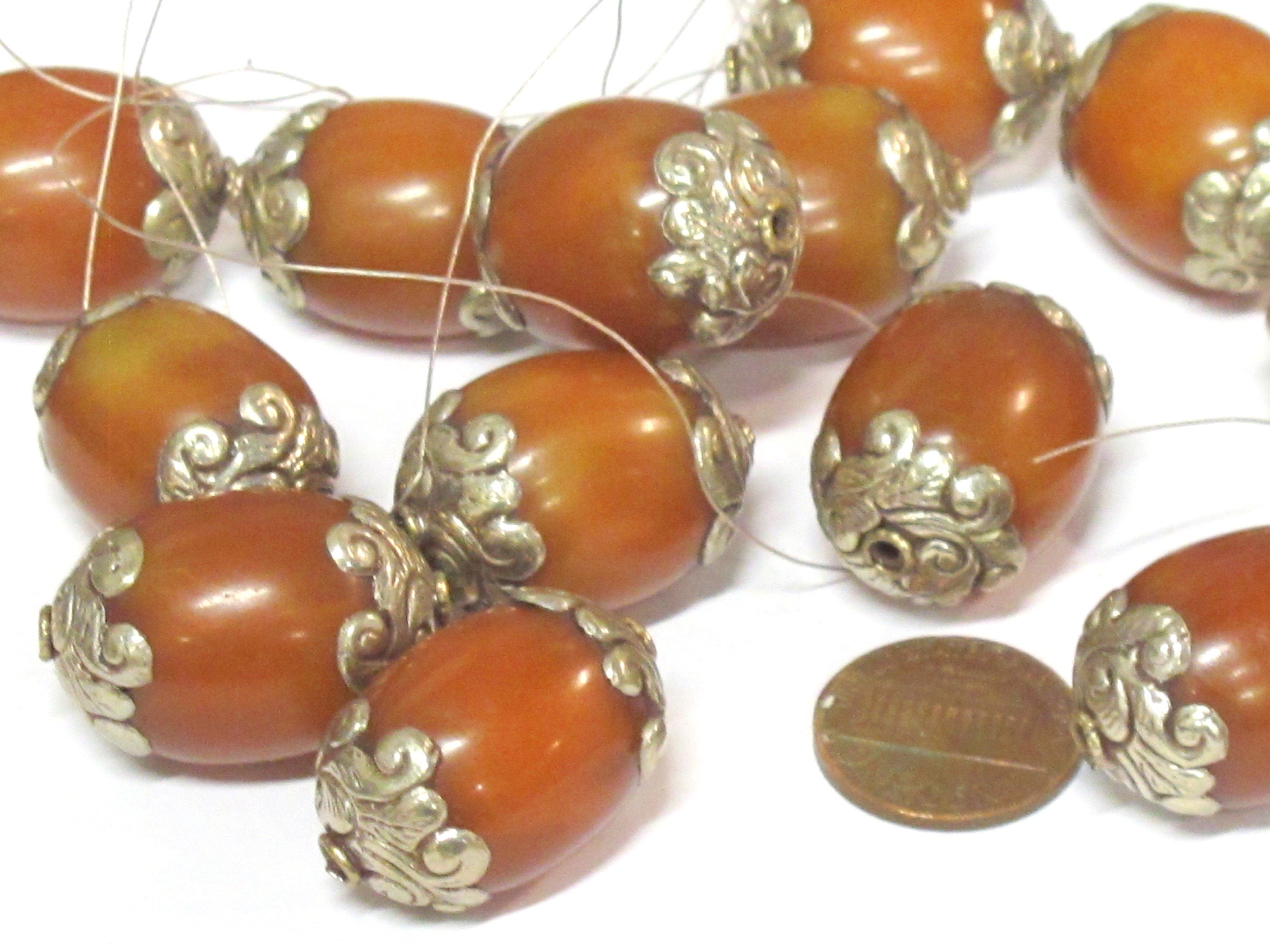 2 Beads - Large Thick Tibetan copal resin silver color capped bead - BD527Cx