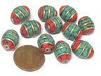 2 beads - Tibetan Nepal beads Red blue mosaic band design brass beads with turquoise inlay - BD898E