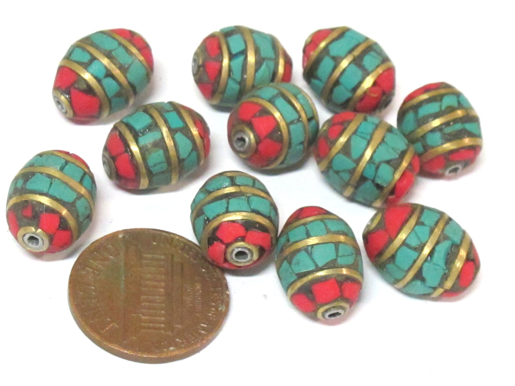 2 beads - Tibetan Nepal beads Red blue mosaic band design brass beads with turquoise inlay - BD898E