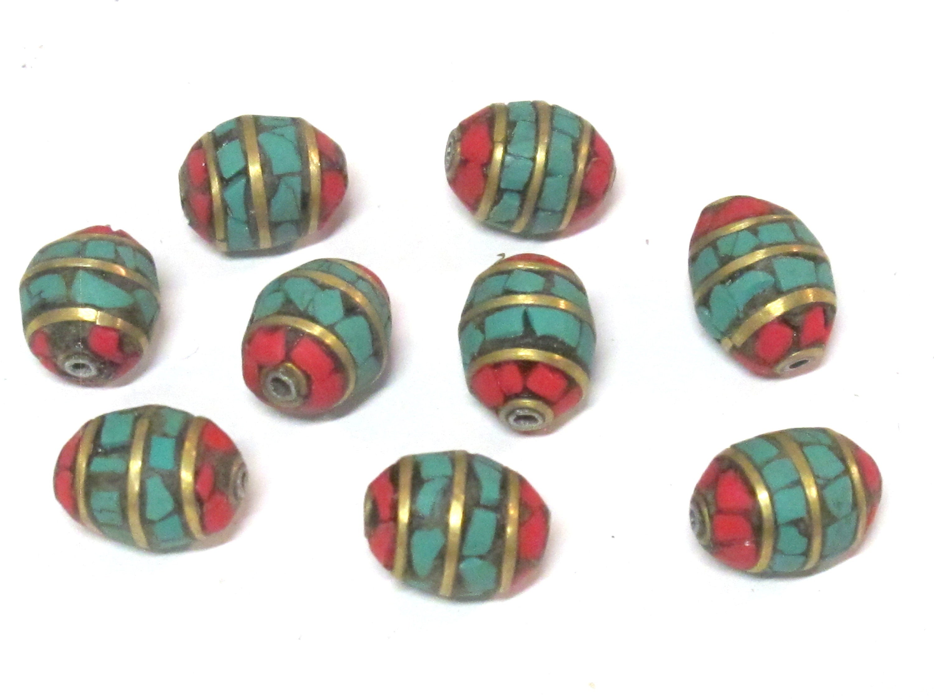 2 beads - Tibetan Nepal beads Red blue mosaic band design brass beads with turquoise inlay - BD898E