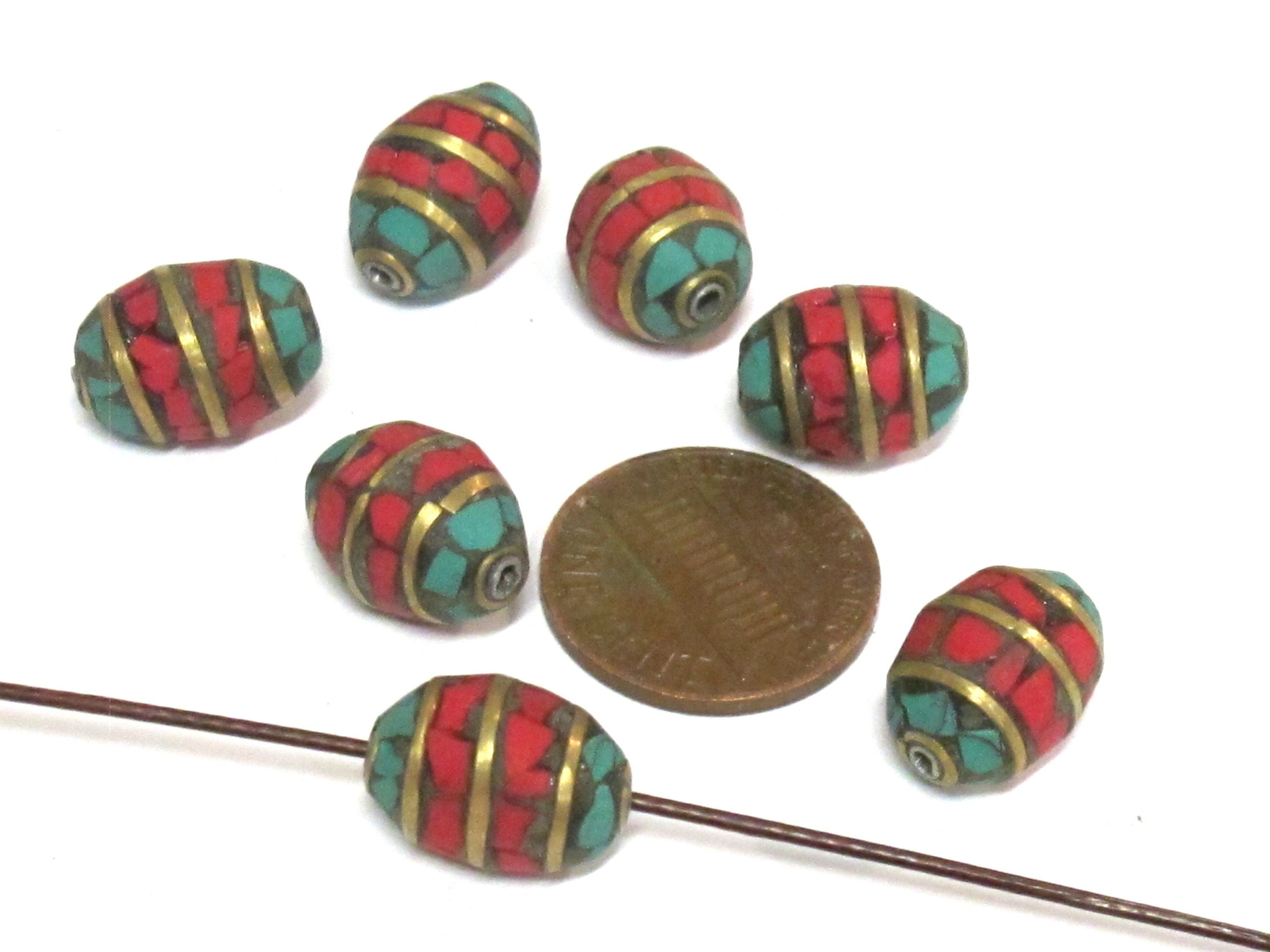 2 beads - Tibetan Nepal beads Red blue color mosaic band design brass beads with turquoise inlay - BD898F