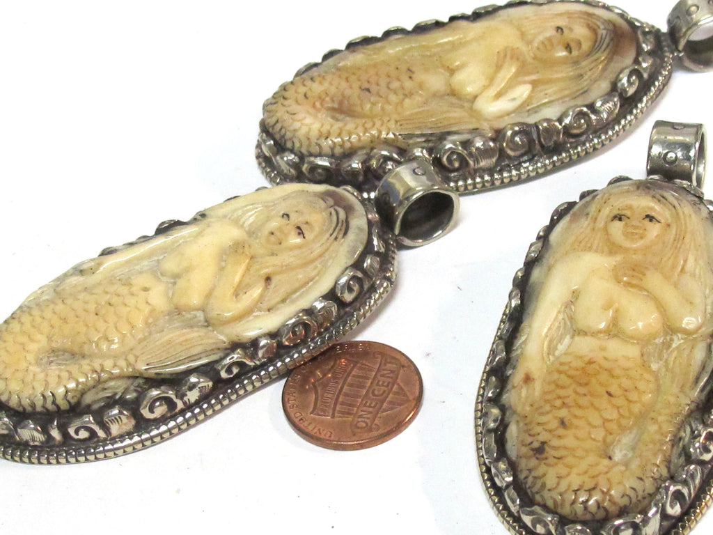 Mermaid pendant jewelry Unique large size carved recycled cattle bone pendant mermaid design and floral carving on reverse side - PB008F