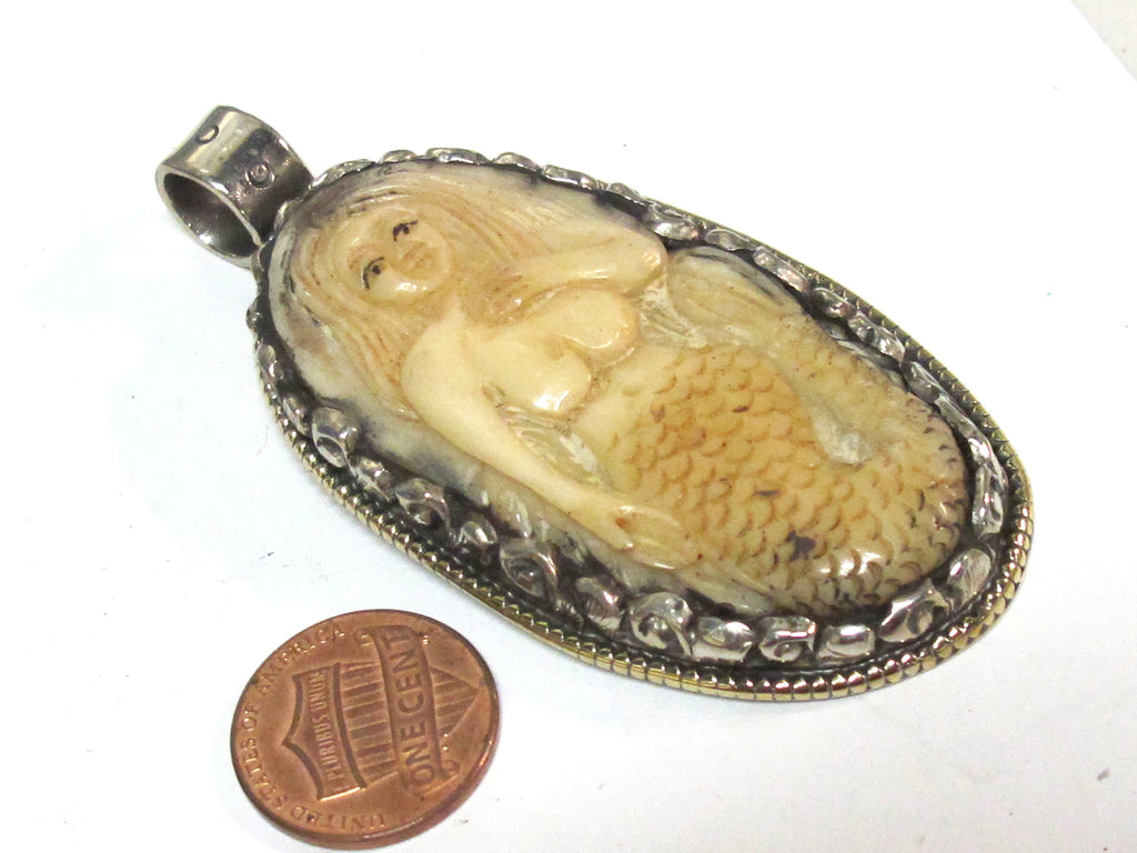 Mermaid pendant jewelry Unique large size carved recycled cattle bone pendant mermaid design and floral carving on reverse side - PB008F