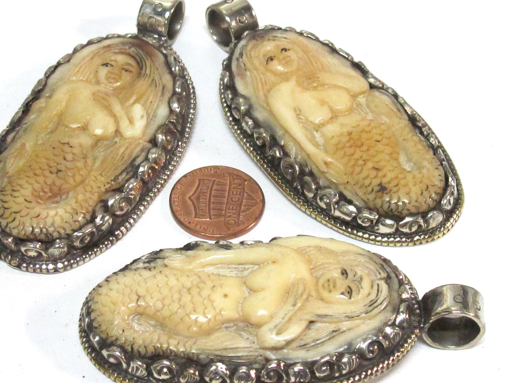 Mermaid pendant jewelry Unique large size carved recycled cattle bone pendant mermaid design and floral carving on reverse side - PB008F