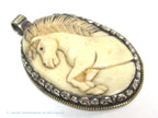 Unique large size carved cattle bone pendant with intricate unicorn horse design and floral carving on reverse side - PB008G