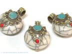 Reversible Tibetan Nepal small size white color crackle resin pendant with brass and turquoise inlay jewelry making supply - PM394B