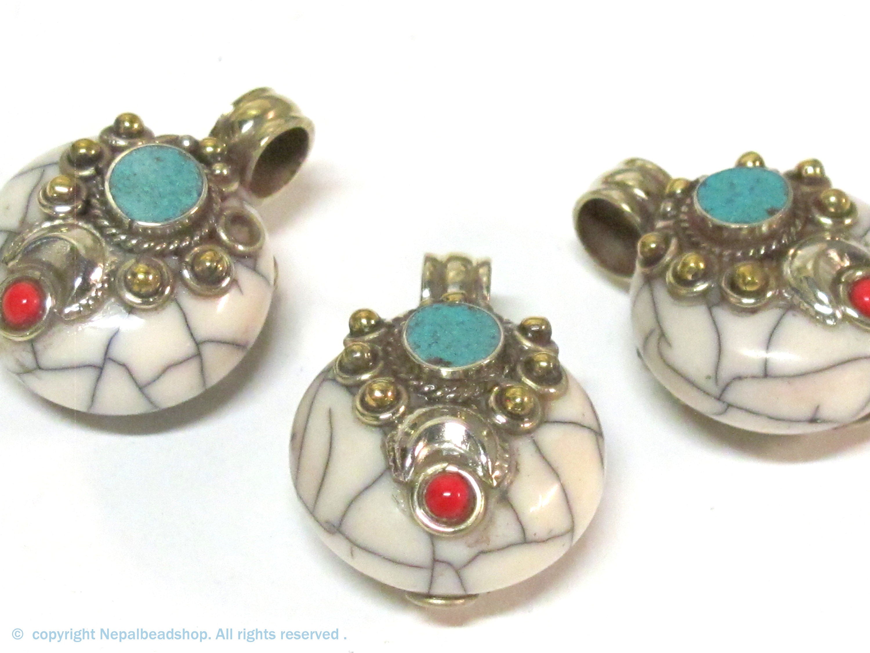 Reversible Tibetan Nepal small size white color crackle resin pendant with brass and turquoise inlay jewelry making supply - PM394B