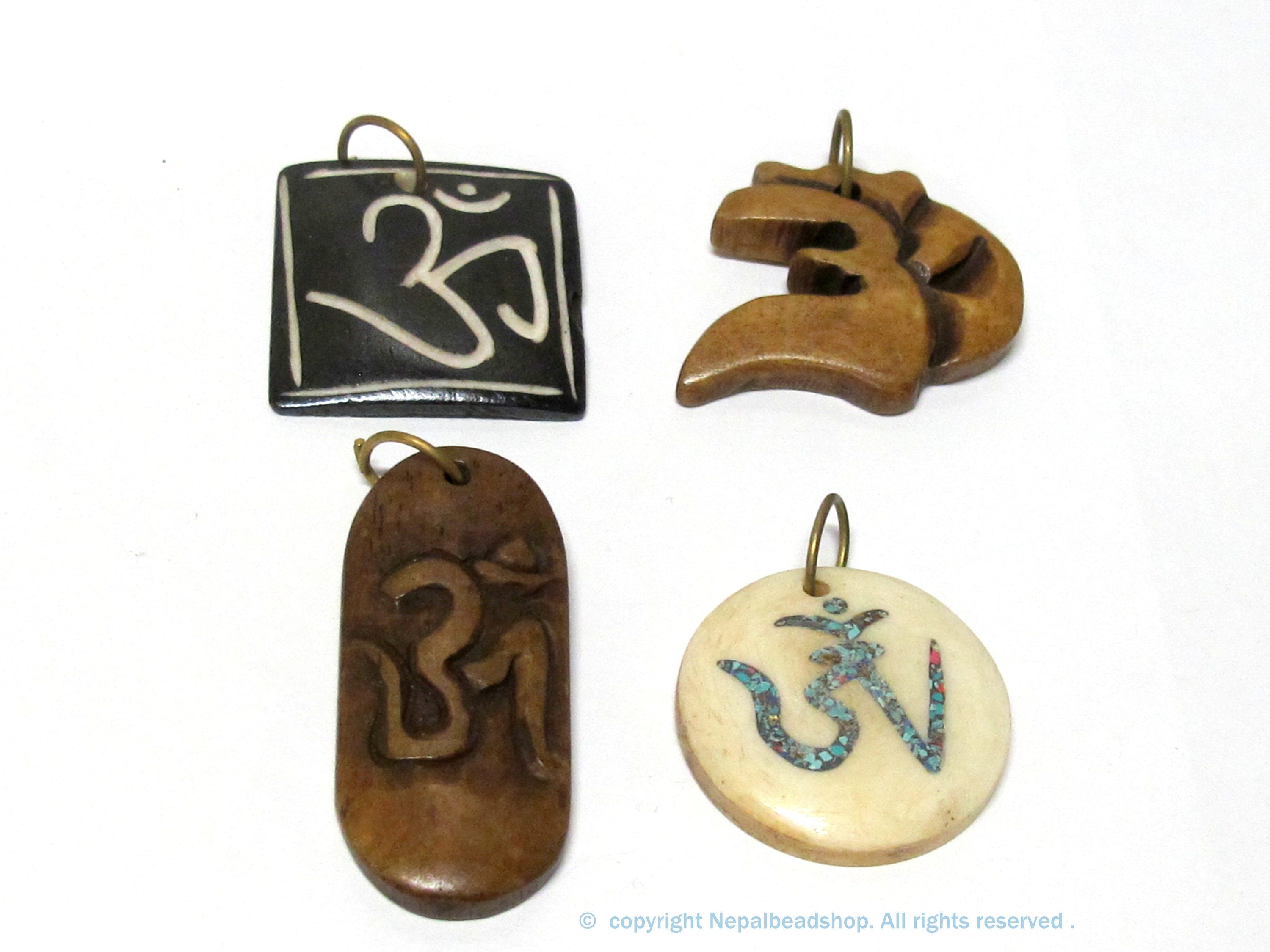 4 bone pendants - Nepal om bone pendants recycled cattle bone pendant charms yoga bag accessories Nepal wholesale lot PB079K