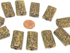 4 beads lot - Rectangular cube shape Tibetan brass repousse random mix floral animal bird carving beads Nepal - BD631K