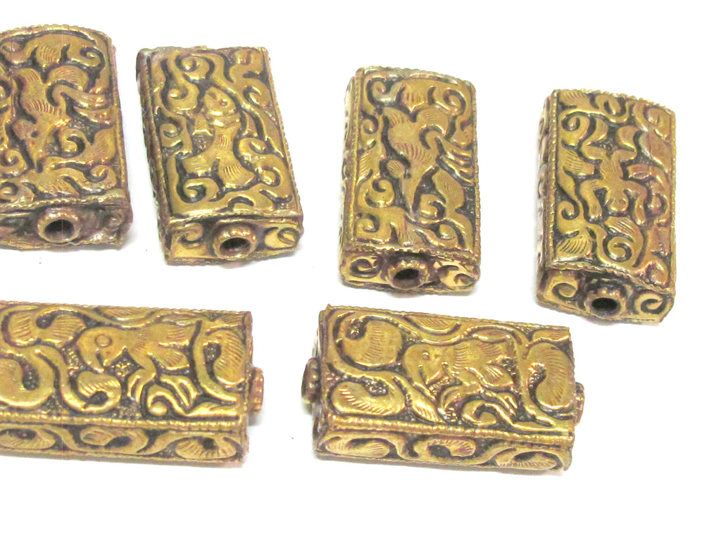 4 beads lot - Rectangular cube shape Tibetan brass repousse random mix floral animal bird carving beads Nepal - BD631K