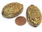 1 Bead Tibetan bead nepal bead tibet bead Large oval shape Tibetan repousse antiqued golden finish Lotus floral design brass bead - BD641K