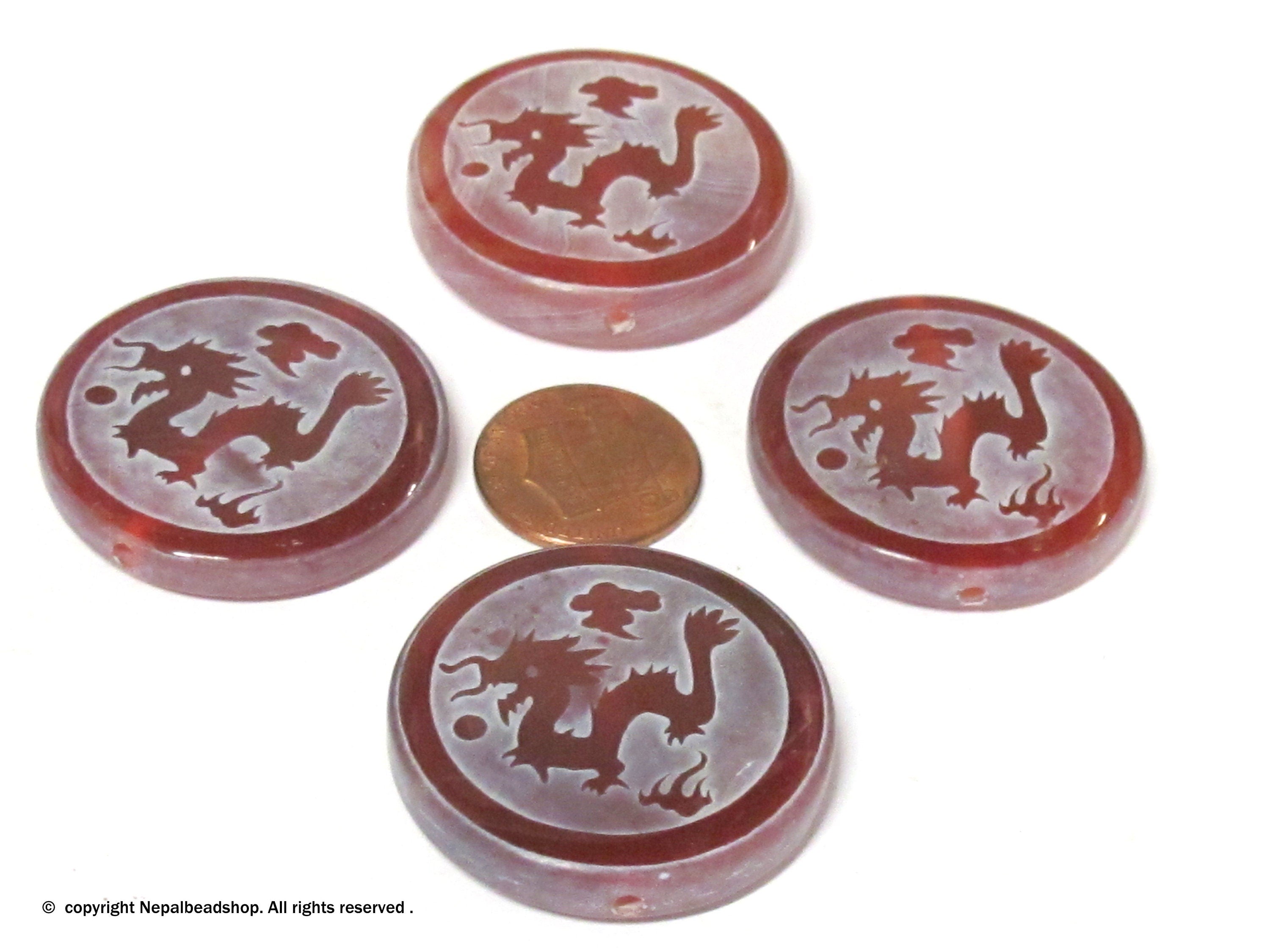 1 Bead - Tibetan dragon phoenix reversible etched agate disc shape gemstone bead - BD161