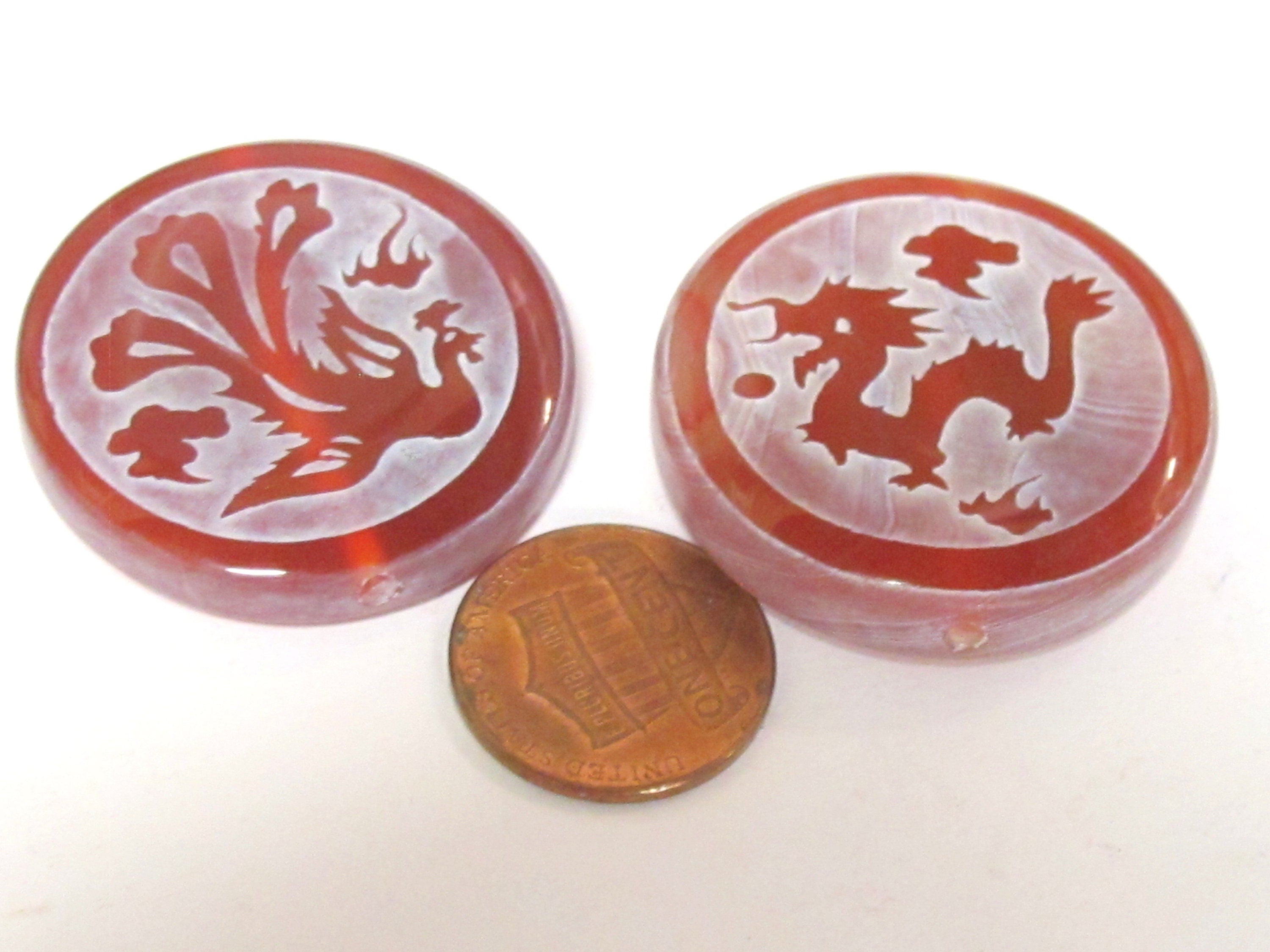 1 Bead - Tibetan dragon phoenix reversible etched agate disc shape gemstone bead - BD161