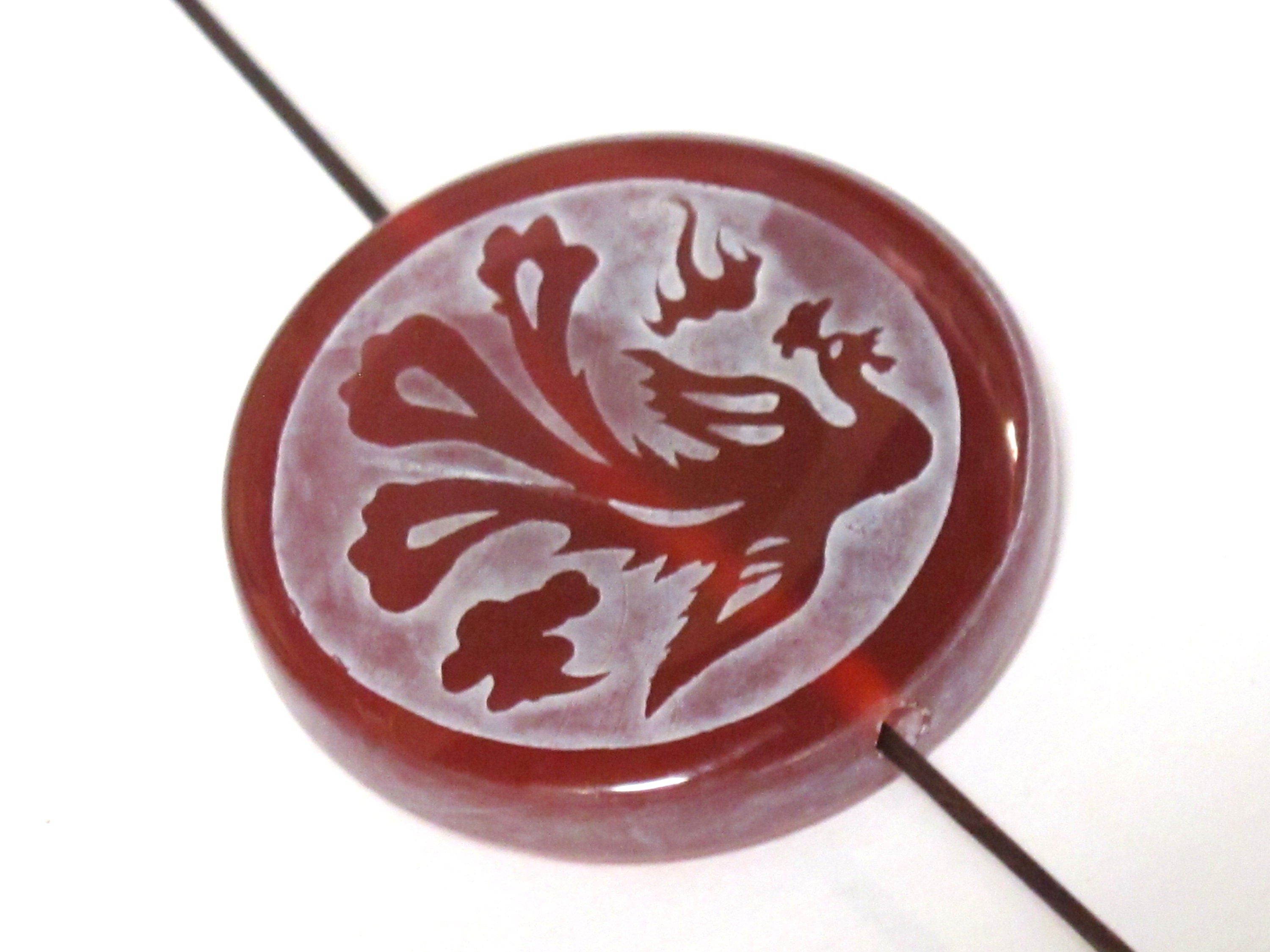 1 Bead - Tibetan dragon phoenix reversible etched agate disc shape gemstone bead - BD161