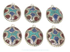 2 charms - Oval shield shape Tibetan silver finish charm pendant with mosaic turquoise lapis inlay - PM616A