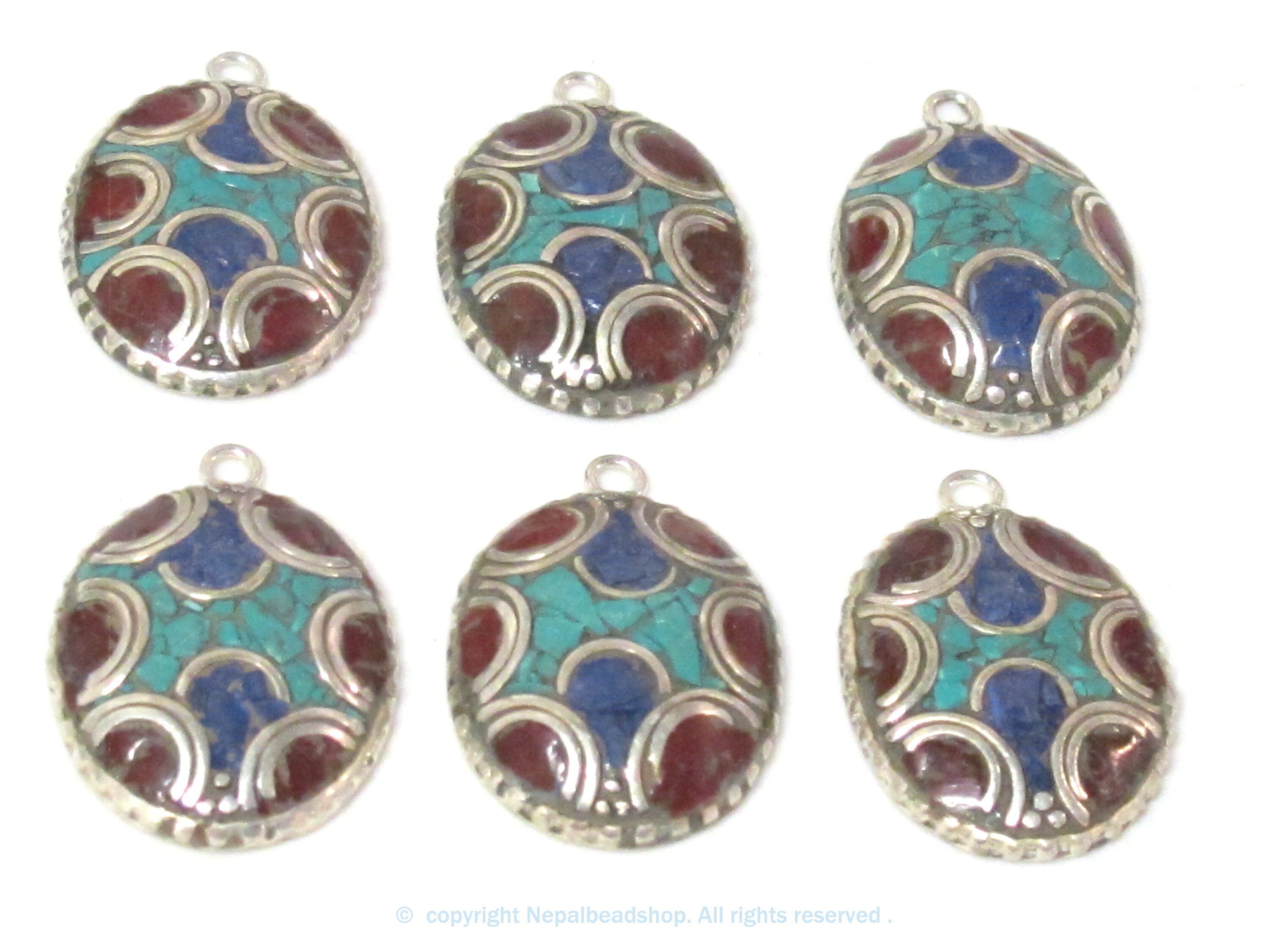 2 charms - Oval shield shape Tibetan silver finish charm pendant with mosaic turquoise lapis inlay - PM616A