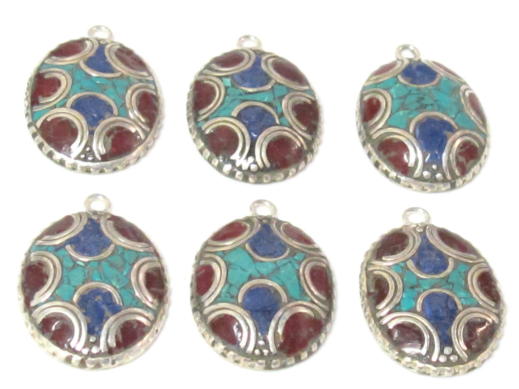 2 charms - Oval shield shape Tibetan silver finish charm pendant with mosaic turquoise lapis inlay - PM616A