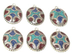 2 charms - Oval shield shape Tibetan silver finish charm pendant with mosaic turquoise lapis inlay - PM616A