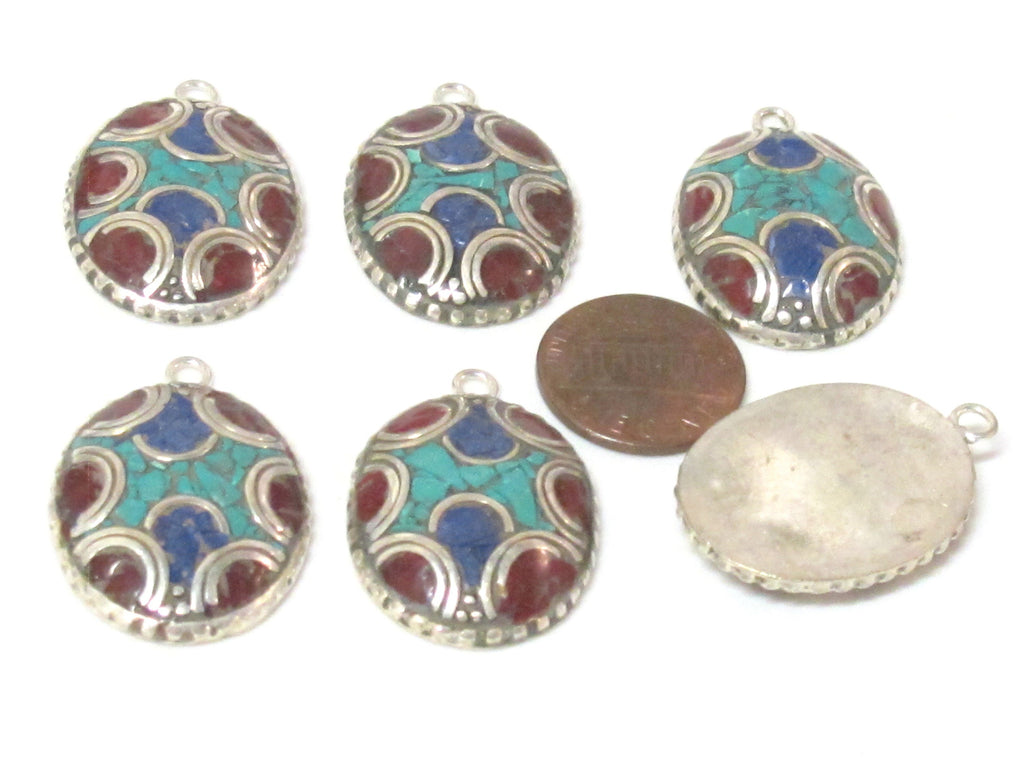 2 charms - Oval shield shape Tibetan silver finish charm pendant with mosaic turquoise lapis inlay - PM616A