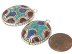 2 charms - Oval shield shape Tibetan silver finish charm pendant with mosaic turquoise lapis inlay - PM616A