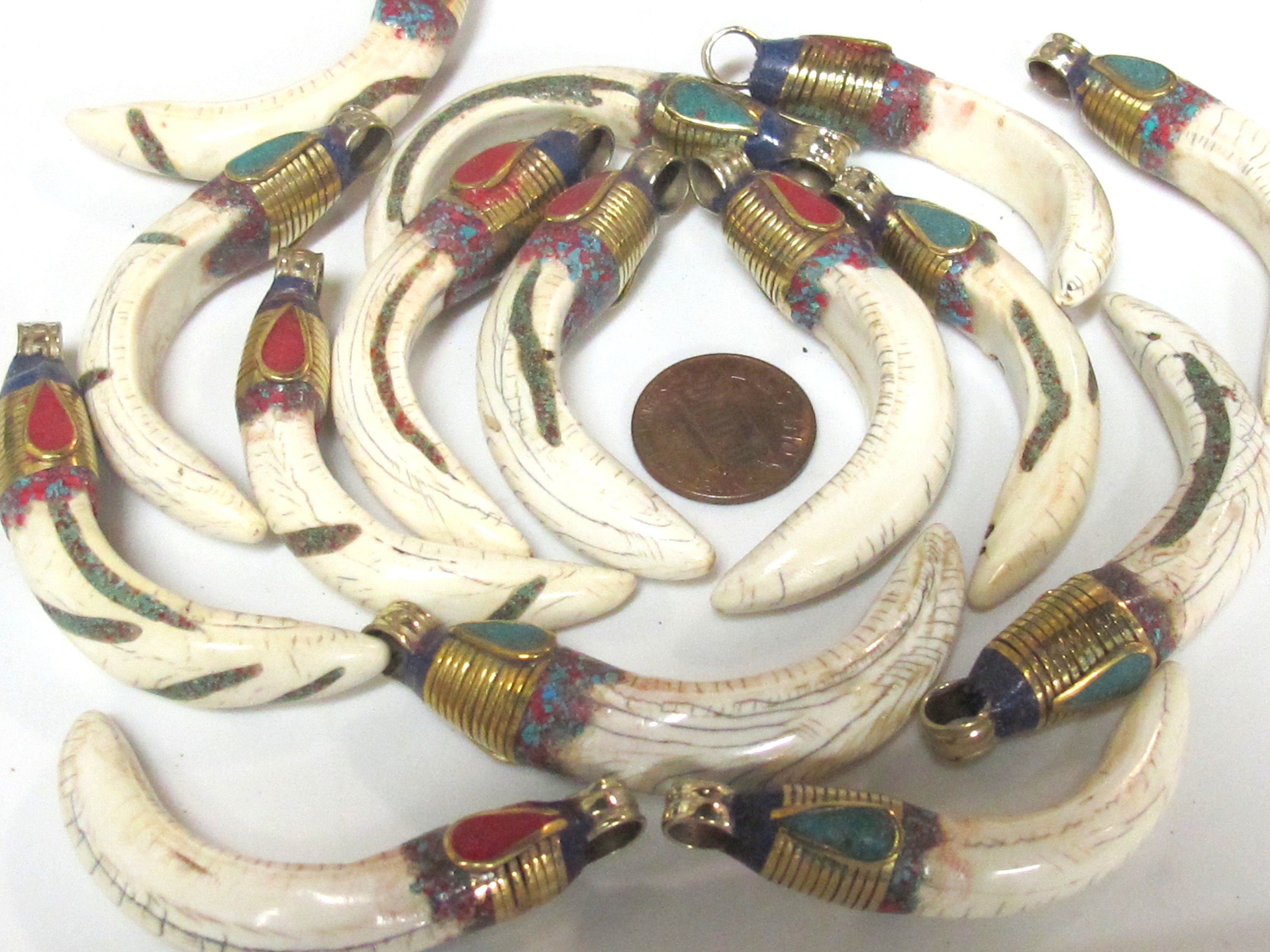 1 Pendant - Tibetan Brass encased Naga Conch shell pendant with turquoise inlay - SP064