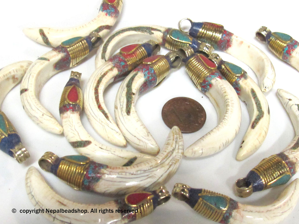 1 Pendant - Tibetan Brass encased Naga Conch shell pendant with turquoise inlay - SP064