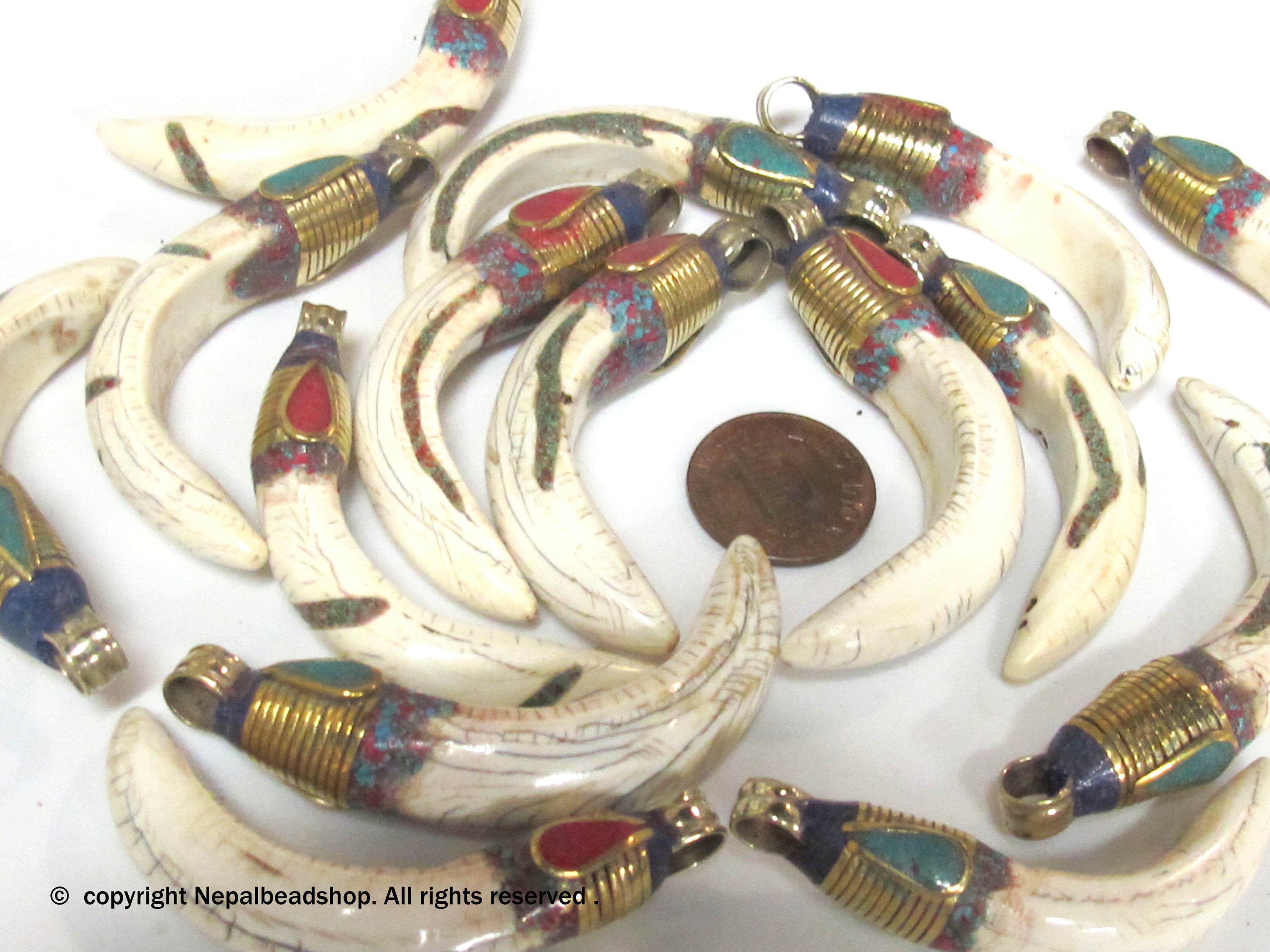 1 Pendant - Tibetan Brass encased Naga Conch shell pendant with turquoise inlay - SP064