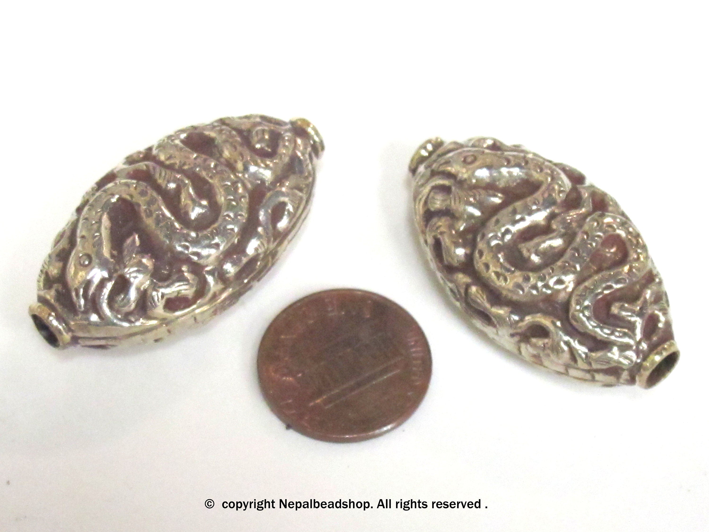 1 Bead - Large Reversible Tibetan silver color finish filigree snake design focal pendant bead - BD395K