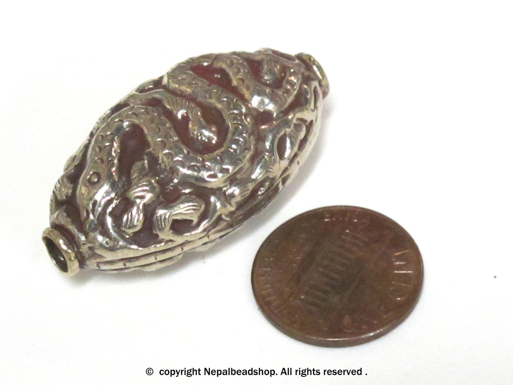 1 Bead - Large Reversible Tibetan silver color finish filigree snake design focal pendant bead - BD395K