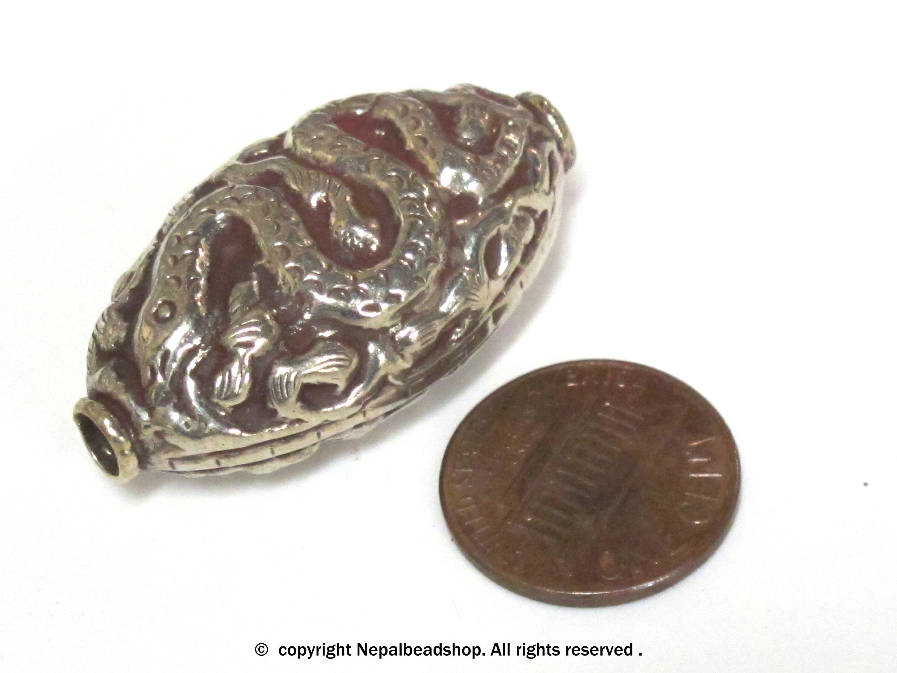 1 Bead - Large Reversible Tibetan silver color finish filigree snake design focal pendant bead - BD395K