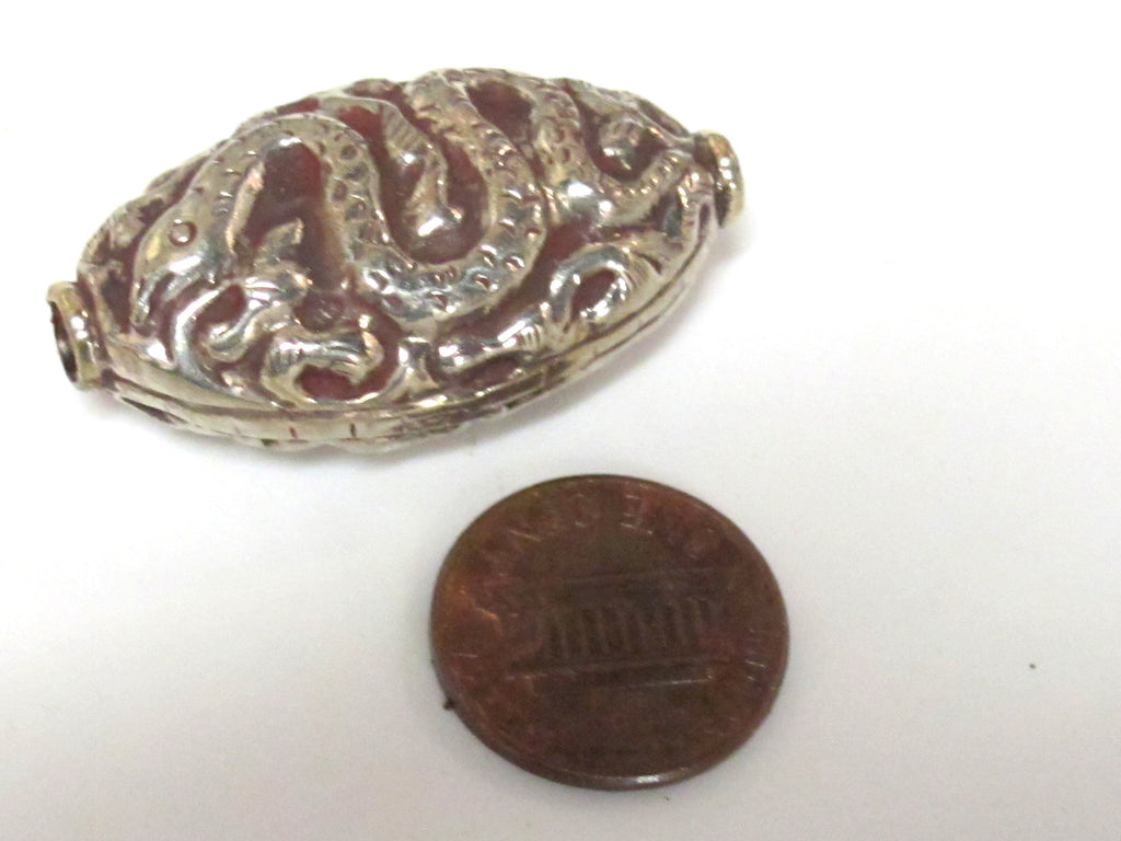 1 Bead - Large Reversible Tibetan silver color finish filigree snake design focal pendant bead - BD395K