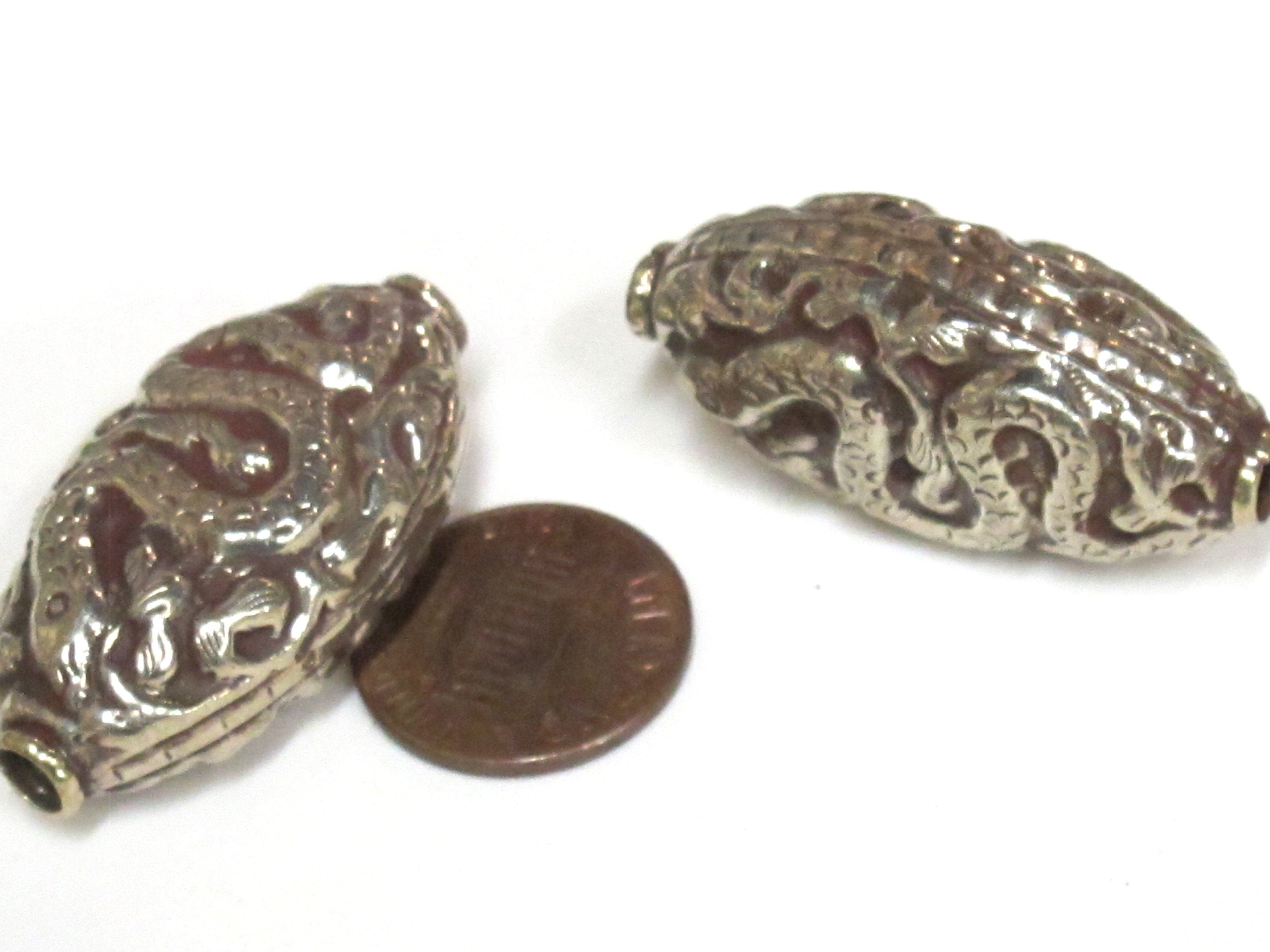 1 Bead - Large Reversible Tibetan silver color finish filigree snake design focal pendant bead - BD395K