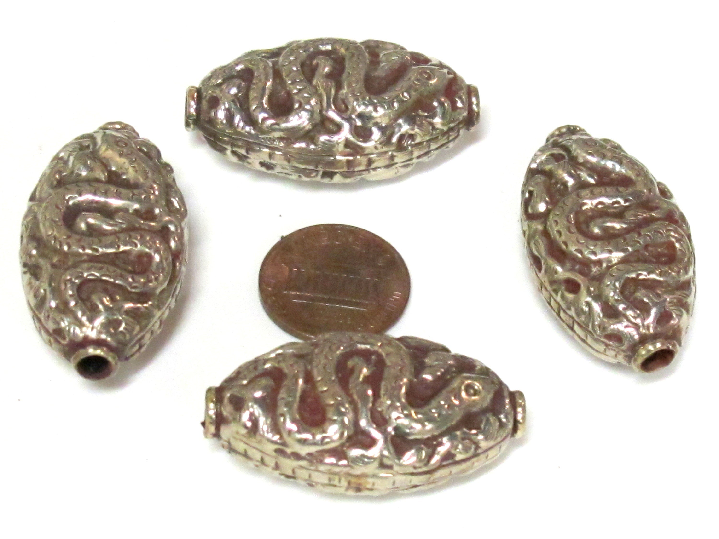 1 Bead - Large Reversible Tibetan silver color finish filigree snake design focal pendant bead - BD395K