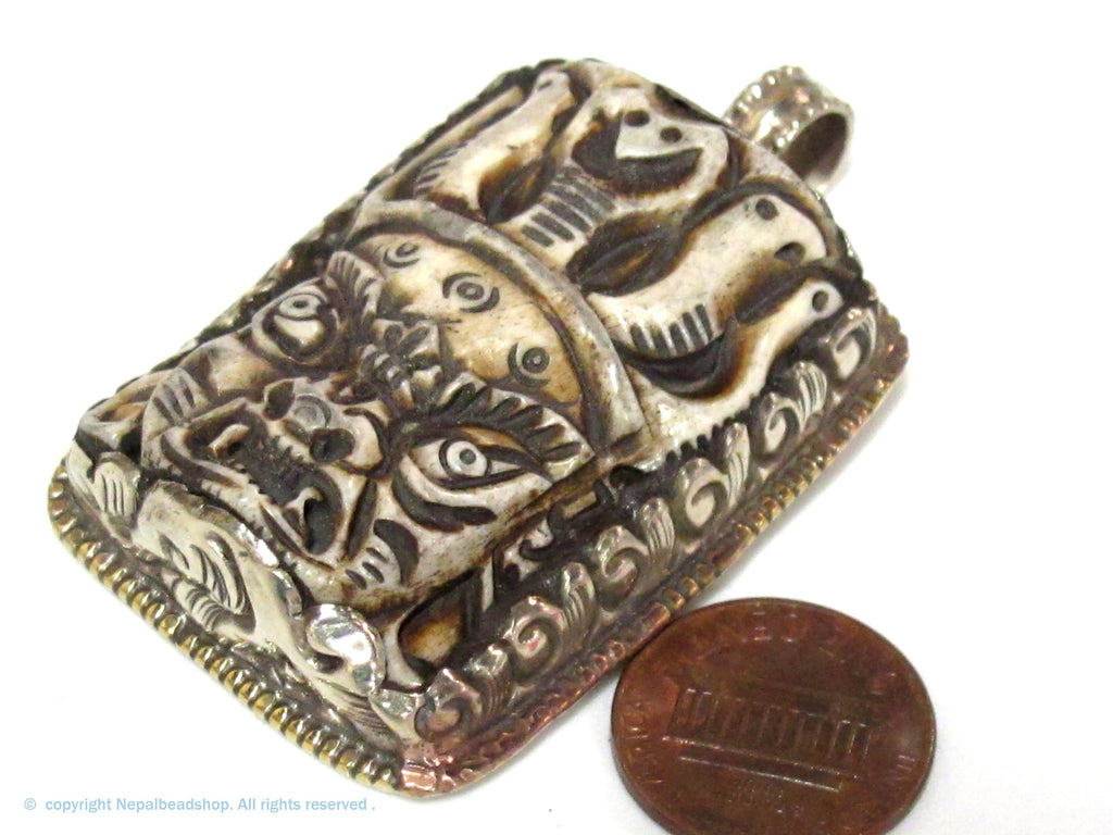 1 Pendant - Ethnic nepal recycled cattle bone pendant Large size carved ethnic Tibetan Nepal Mahakala protector bone pendant -- PB119