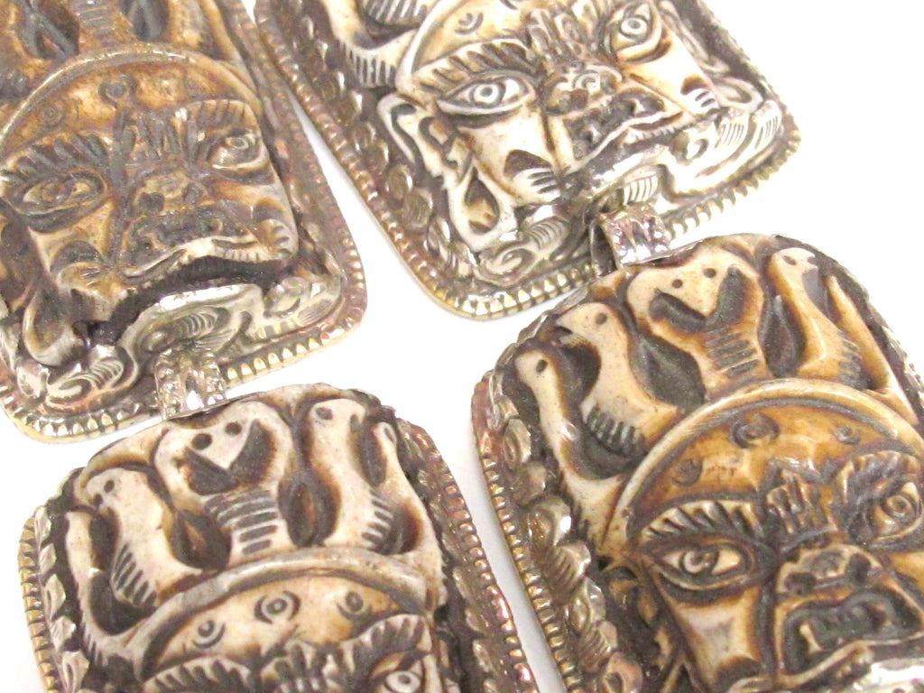 1 Pendant - Ethnic nepal recycled cattle bone pendant Large size carved ethnic Tibetan Nepal Mahakala protector bone pendant -- PB119
