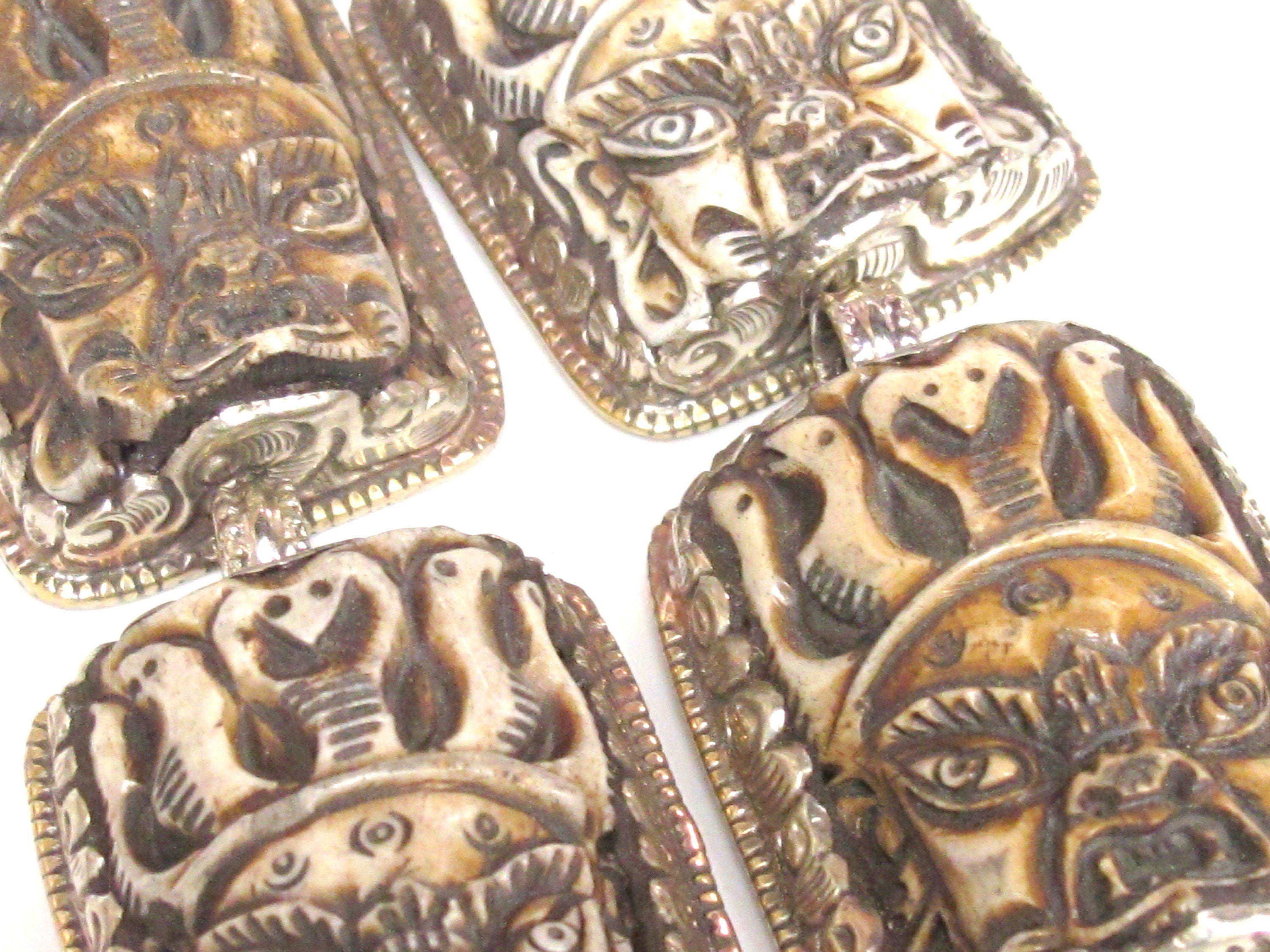 1 Pendant - Ethnic nepal recycled cattle bone pendant Large size carved ethnic Tibetan Nepal Mahakala protector bone pendant -- PB119