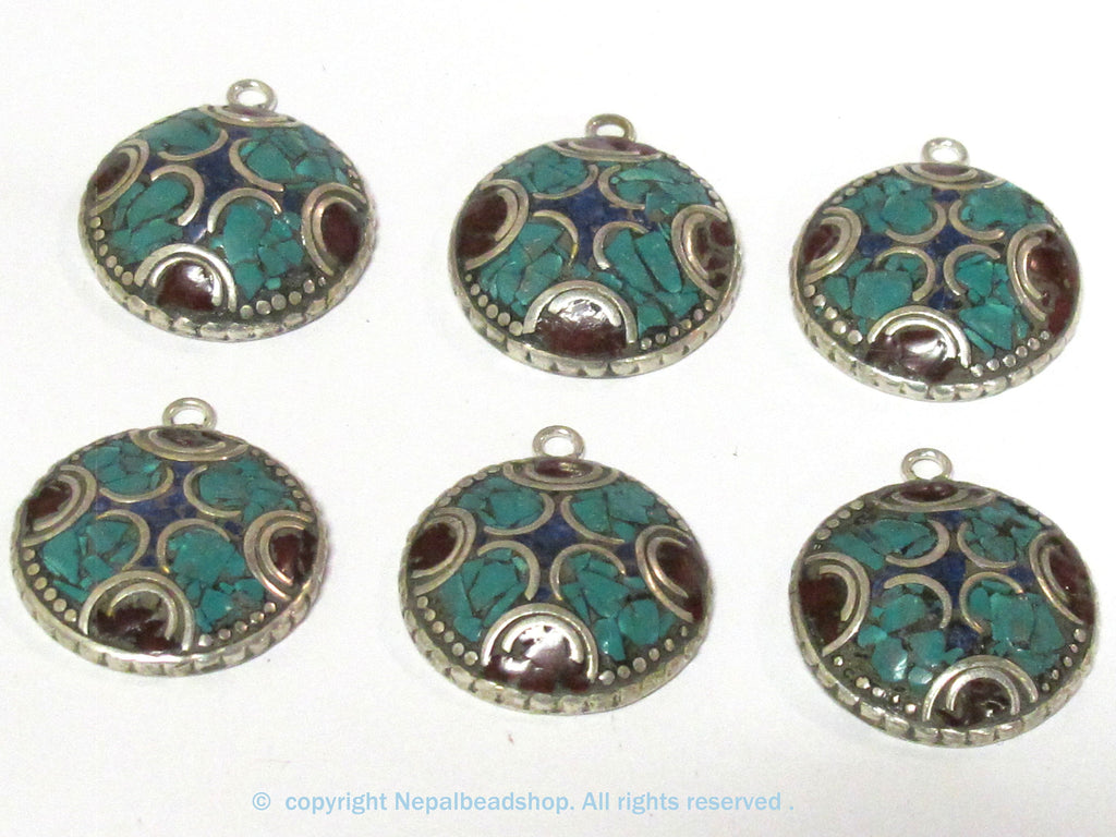 2 charms - Oval round shape Tibetan silver finish charm pendant with mosaic turquoise lapis inlay - PM616B