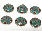 2 charms - Oval round shape Tibetan silver finish charm pendant with mosaic turquoise lapis inlay - PM616B