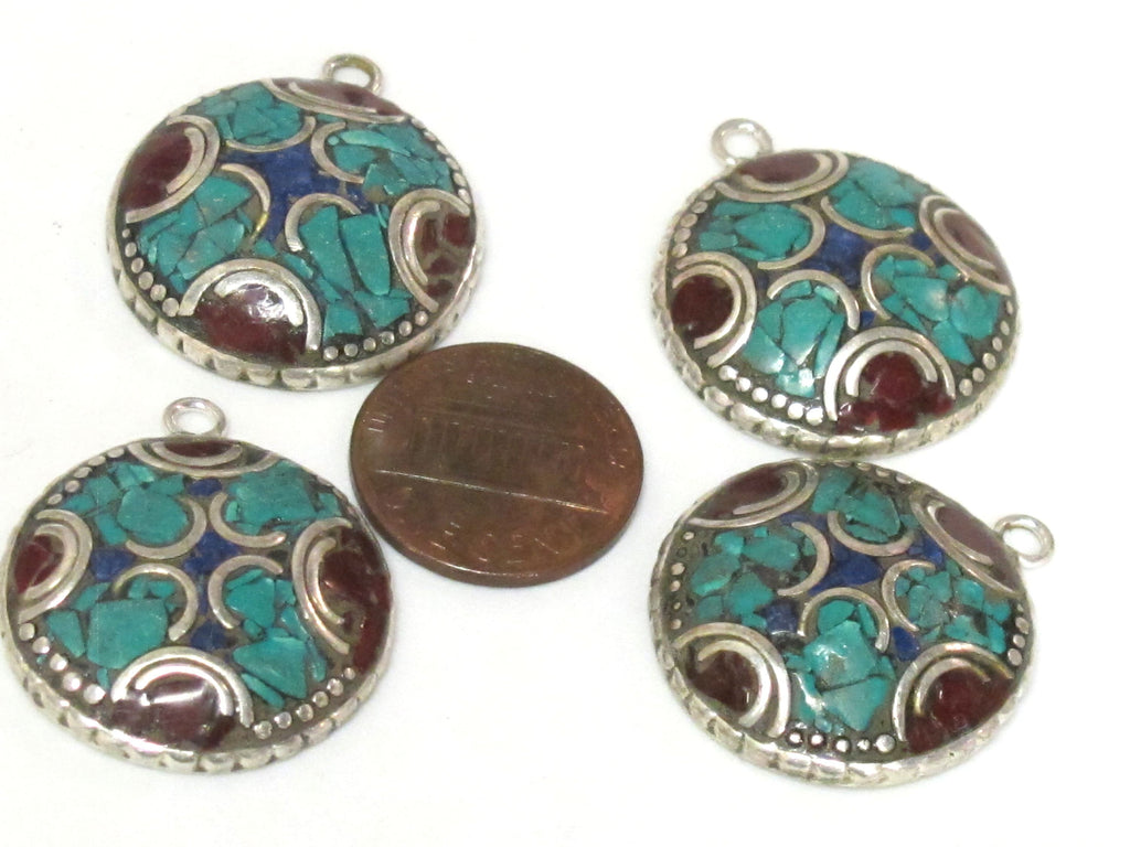 2 charms - Oval round shape Tibetan silver finish charm pendant with mosaic turquoise lapis inlay - PM616B