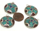 2 charms - Oval round shape Tibetan silver finish charm pendant with mosaic turquoise lapis inlay - PM616B
