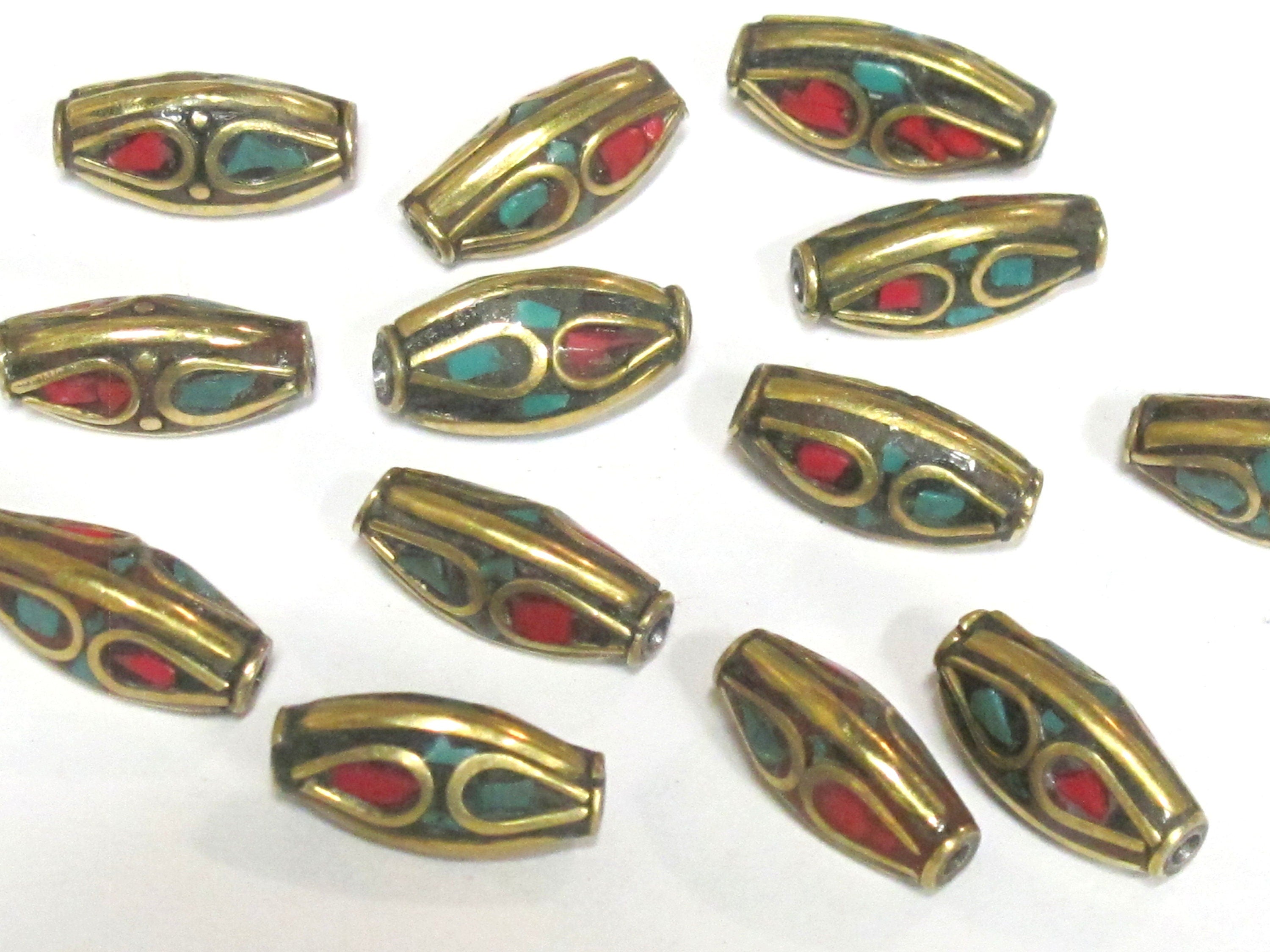 10 Beads - Tibetan beads nepal beads Bicone brass beads from Nepal with turquoise inlay - BD979s