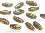 5 Beads - Tibetan beads nepal beads Bicone brass beads from Nepal with turquoise inlay - BD979s