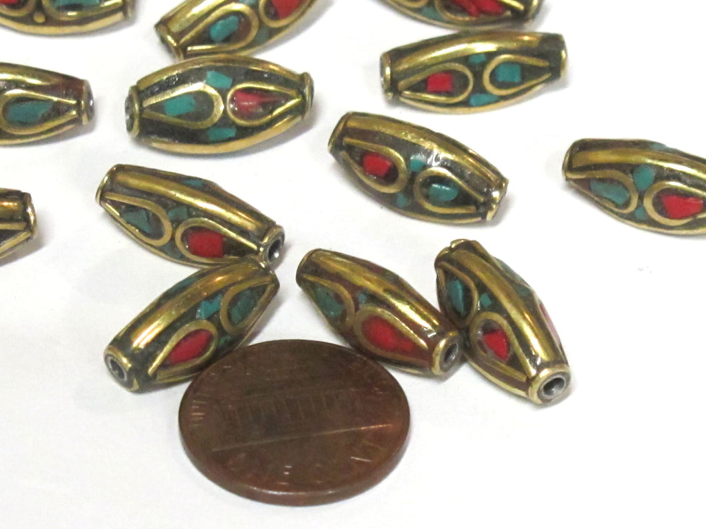 10 Beads - Tibetan beads nepal beads Bicone brass beads from Nepal with turquoise inlay - BD979s