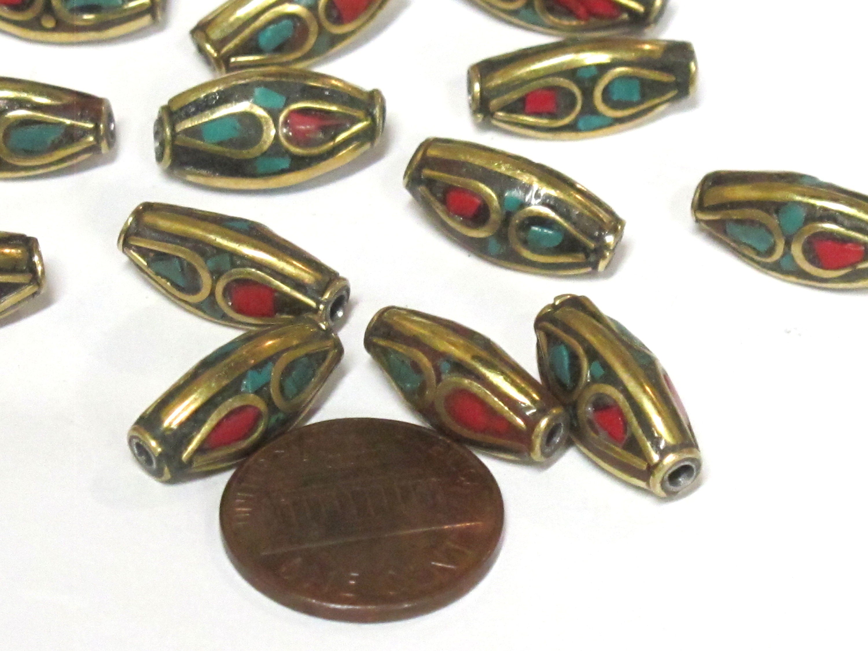 5 Beads - Tibetan beads nepal beads Bicone brass beads from Nepal with turquoise inlay - BD979s