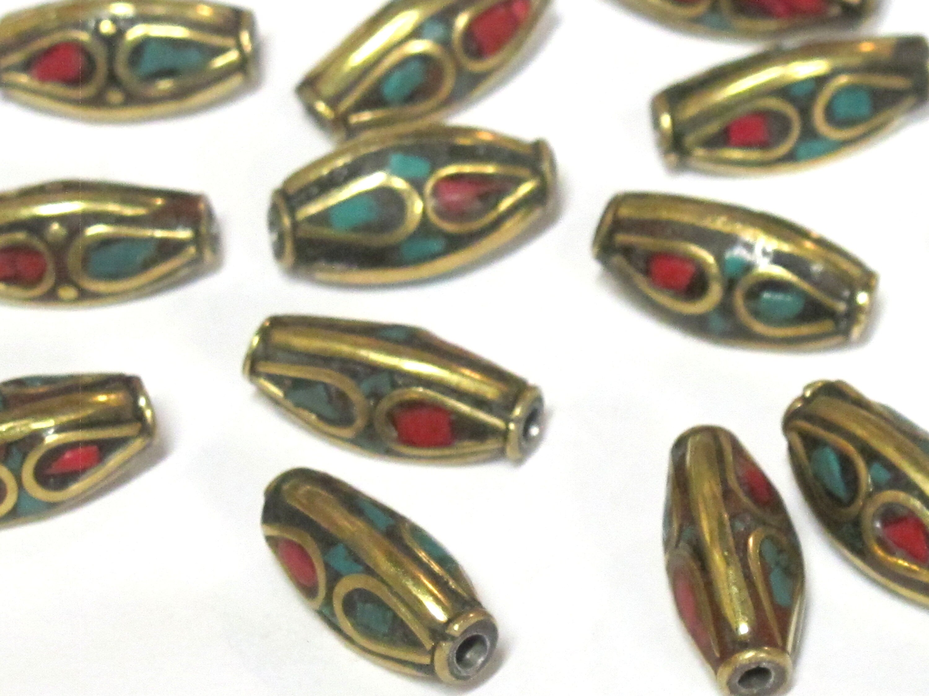10 Beads - Tibetan beads nepal beads Bicone brass beads from Nepal with turquoise inlay - BD979s