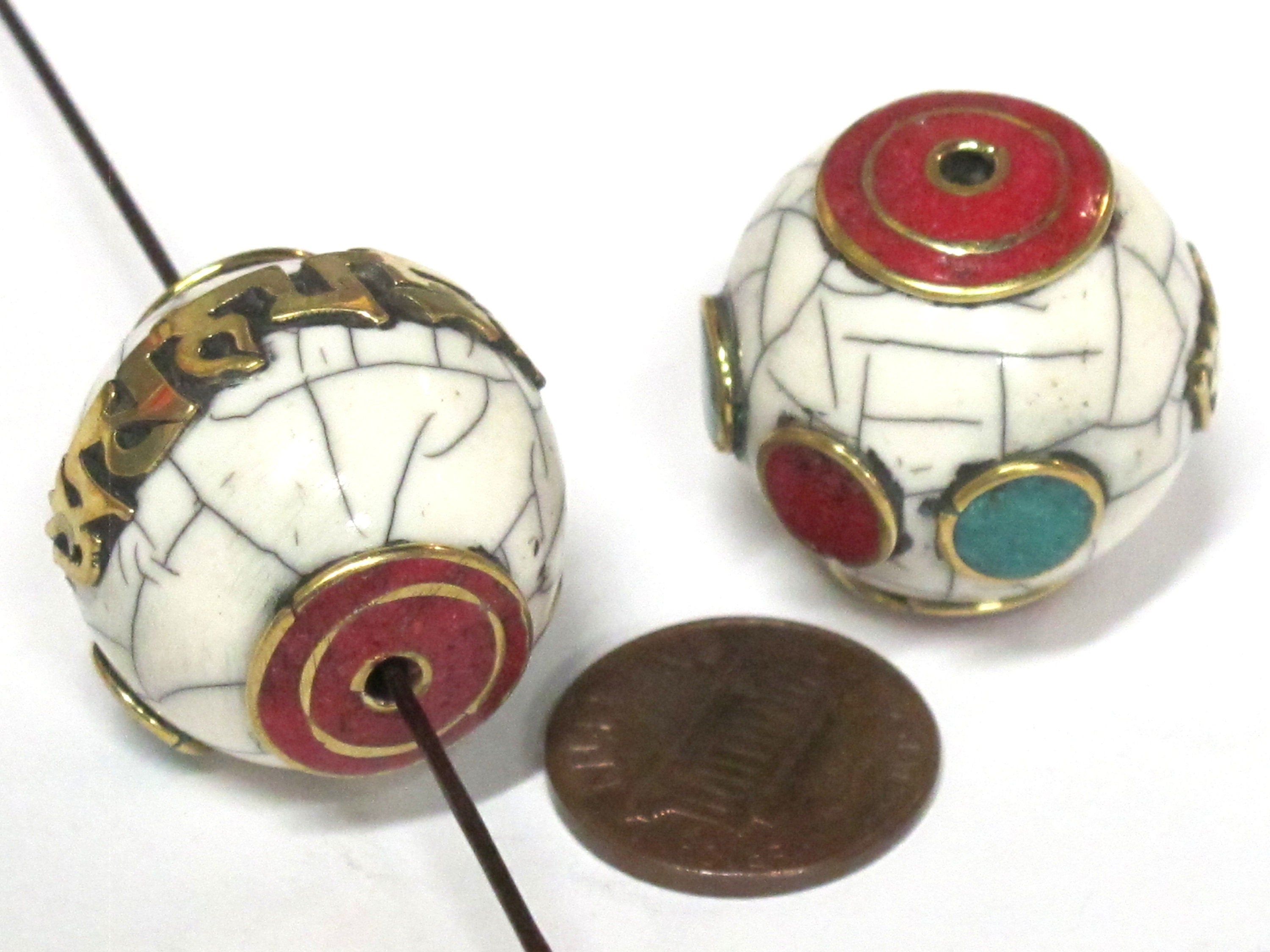1 Bead - Large thick Tibetan Om mantra white crackle resin bead with brass , turquoise and inlay 24 -25 mm wide - BD980