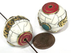 1 Bead - Large thick Tibetan Om mantra white crackle resin bead with brass , turquoise and inlay 24 -25 mm wide - BD980