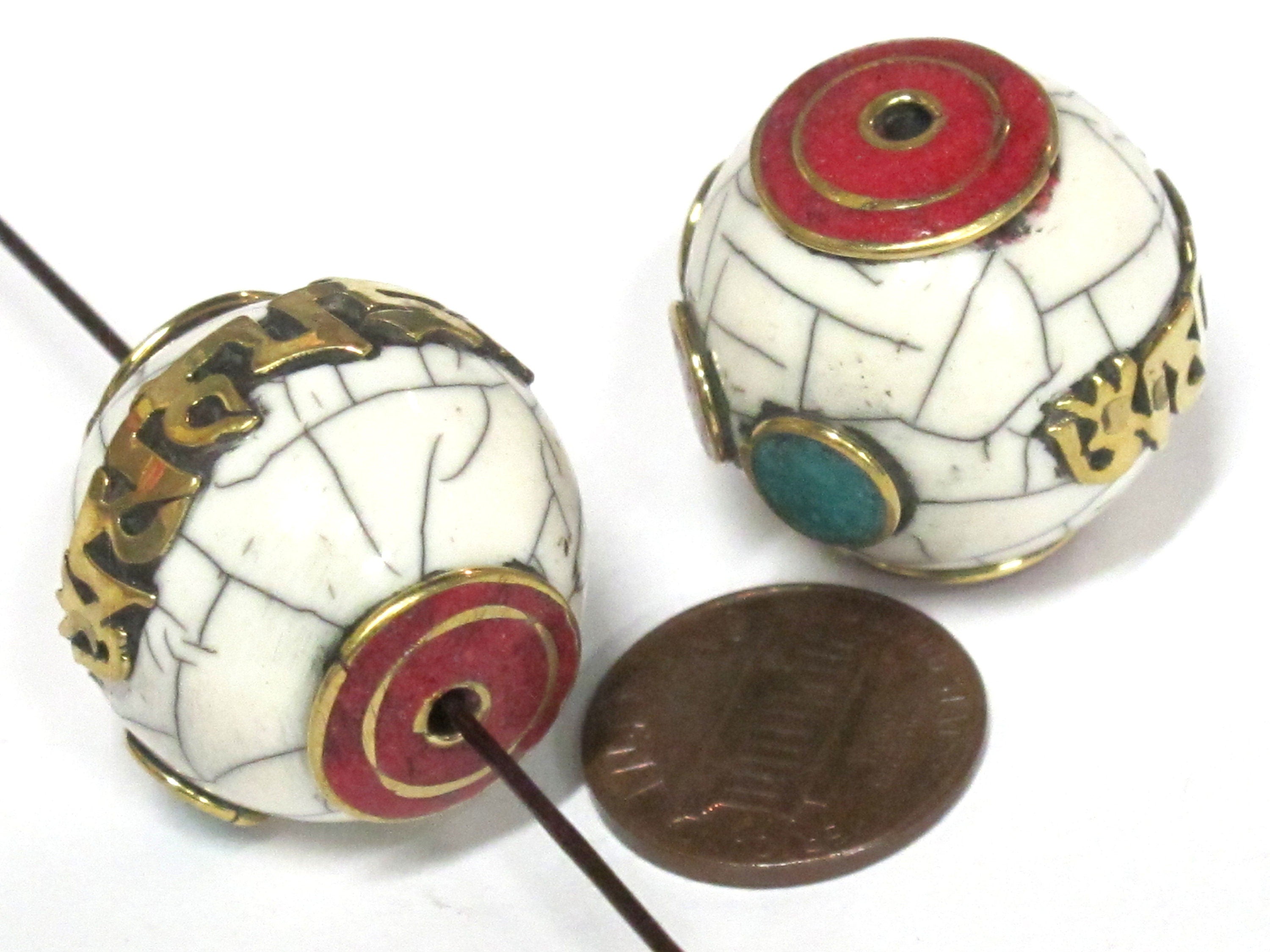 1 Bead - Large thick Tibetan Om mantra white crackle resin bead with brass , turquoise and inlay 24 -25 mm wide - BD980
